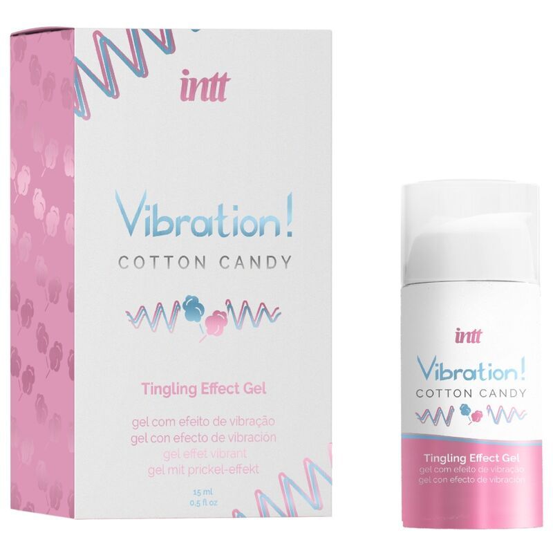 Produktverpackung und Flasche. Verpackung mit Produktaufschrift: Vibration! Cotton Candy Tingling Effect Gel. Flasche daneben.