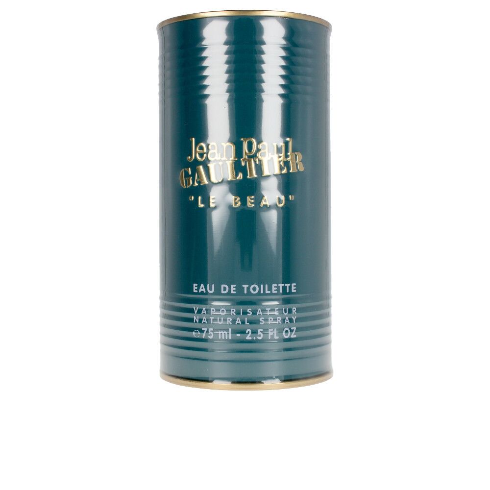 Zylindrische Flasche, blaugrün, mit goldfarbenem Deckel und Schriftzug. Aufschrift: Jean Paul Gaultier, Le Beau, Eau de Toilette.