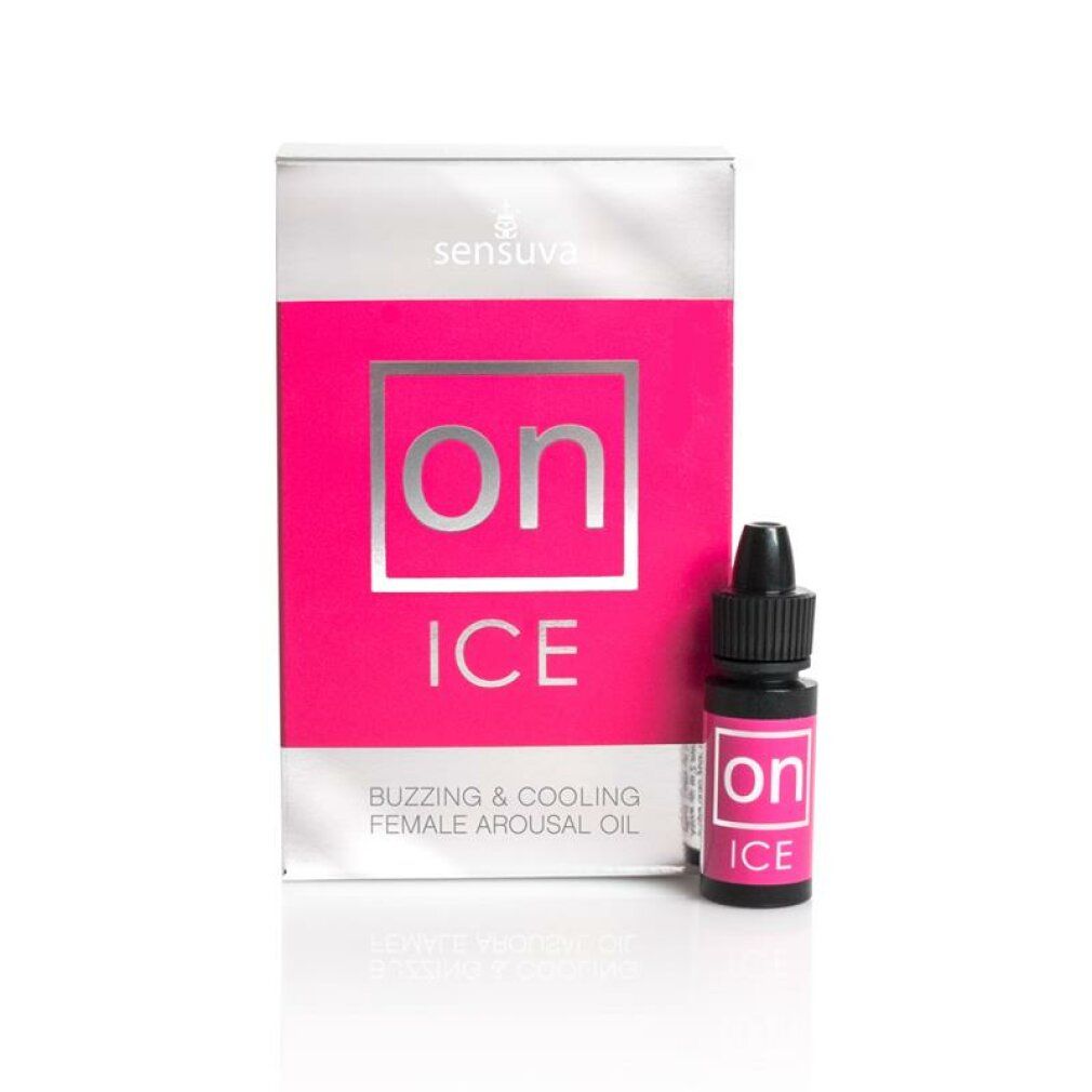 Rosa Verpackung mit "on ICE" Schriftzug und Flasche. Text: "Buzzing & Cooling Female Arousal Oil".