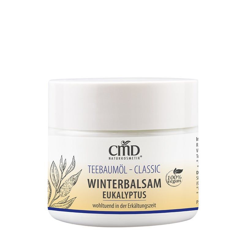 Weißer Tiegel mit Deckel. Aufschrift: CMD Naturkosmetik, Teebaumöl Winterbalsam Eukalyptus. 100% vegan.