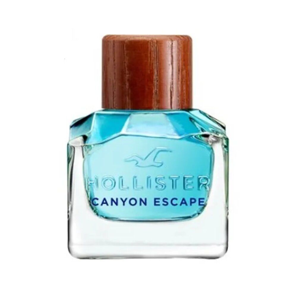 Quadratische Flasche mit blauem Inhalt und Holzverschluss. Aufschrift: HOLLISTER CANYON ESCAPE.