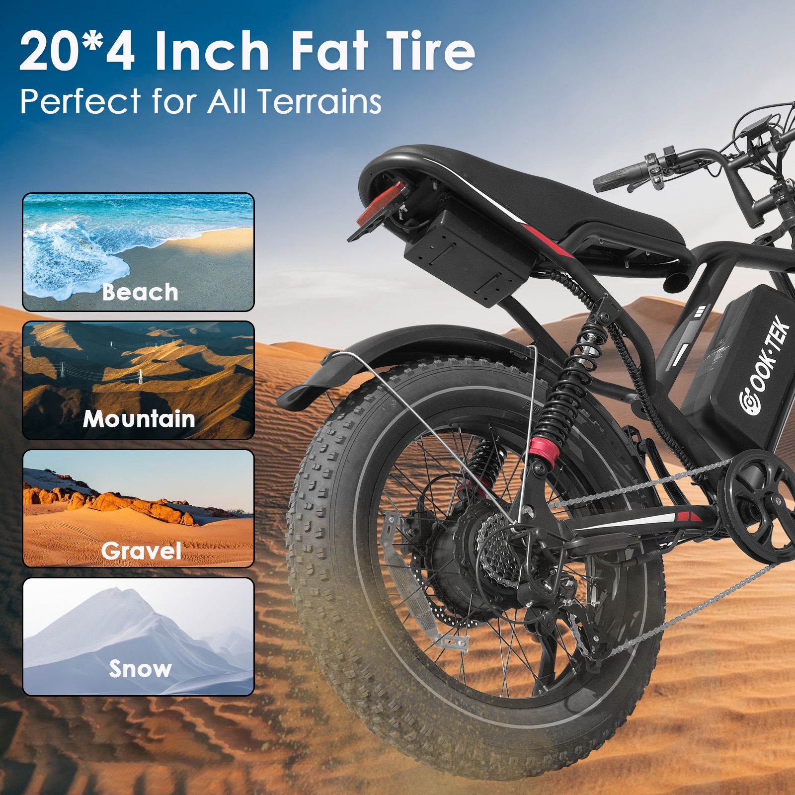 Elektrofahrrad mit breiten Reifen auf Sand. Beschriftung: 20*4 Inch Fat Tire. Szenen: Strand, Berg, Schotter, Schnee.