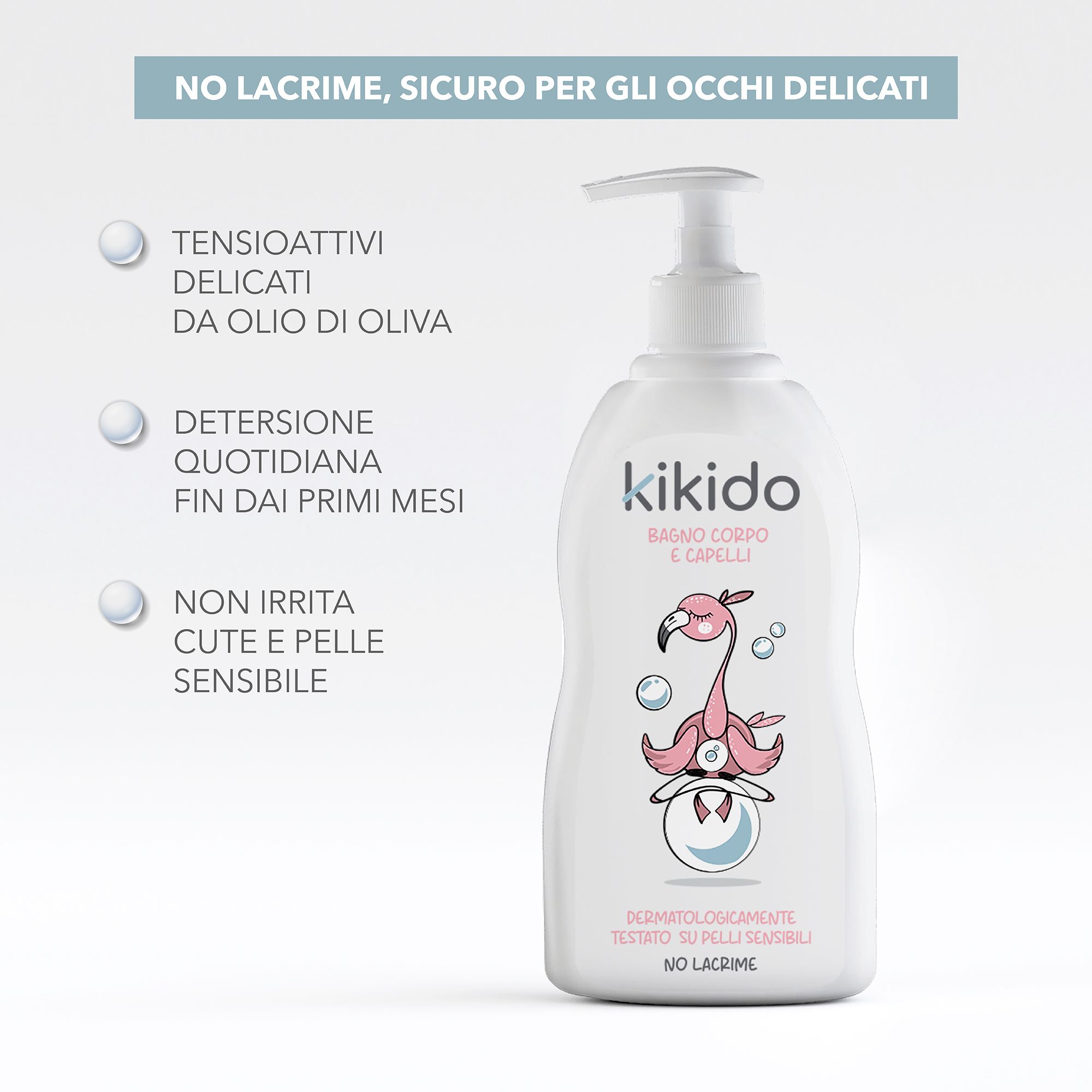 Weißer Spender mit Text: Kikido, bagno corpo e capelli, dermatologisch getestet, No Lacrime. Grafiken: Tensioattivi delicati, Detergente quotidiana.