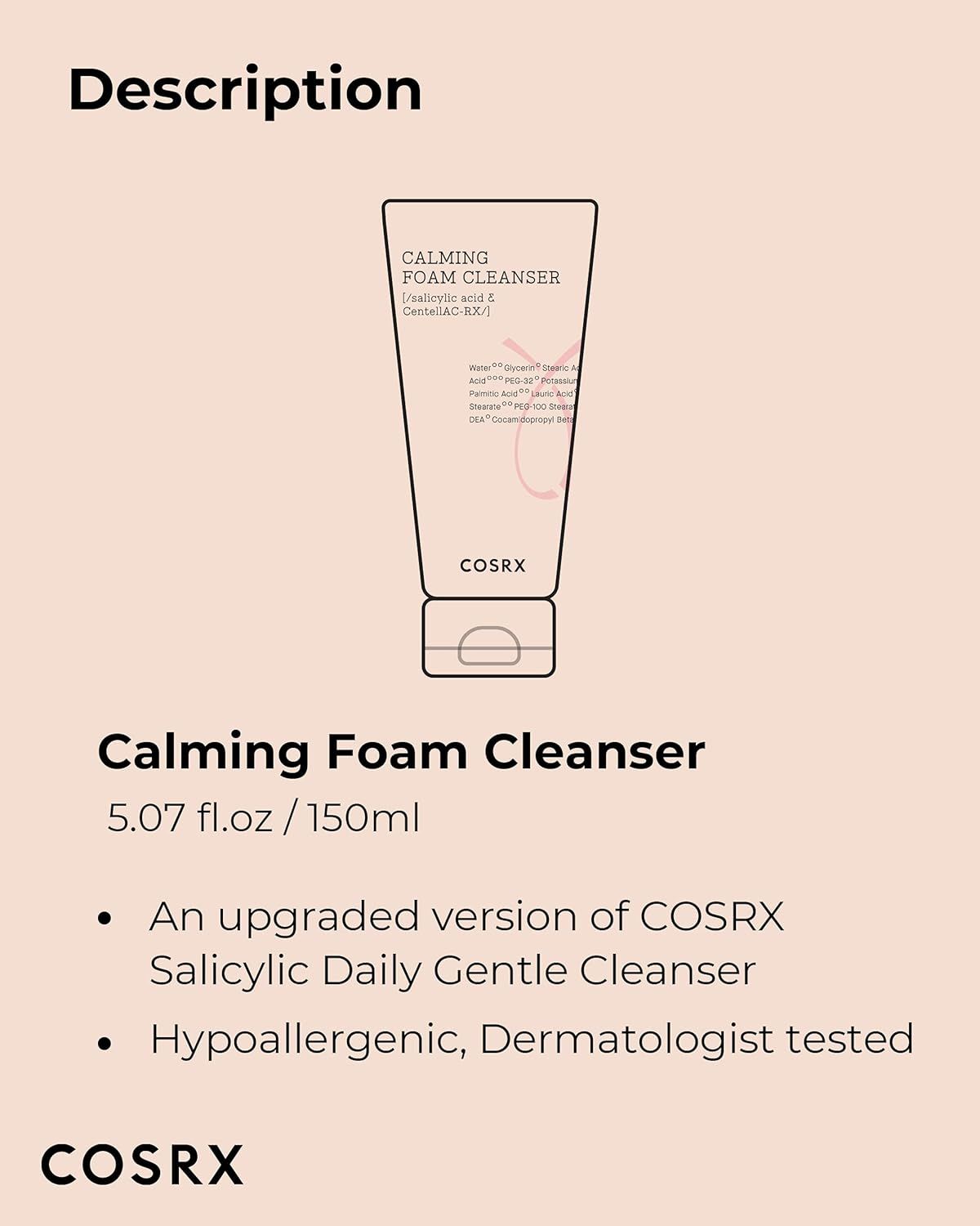 Produktbeschreibung mit Skizze einer Tube. Text: Calming Foam Cleanser, 5.07 fl.oz/150ml. Marke: COSRX.
