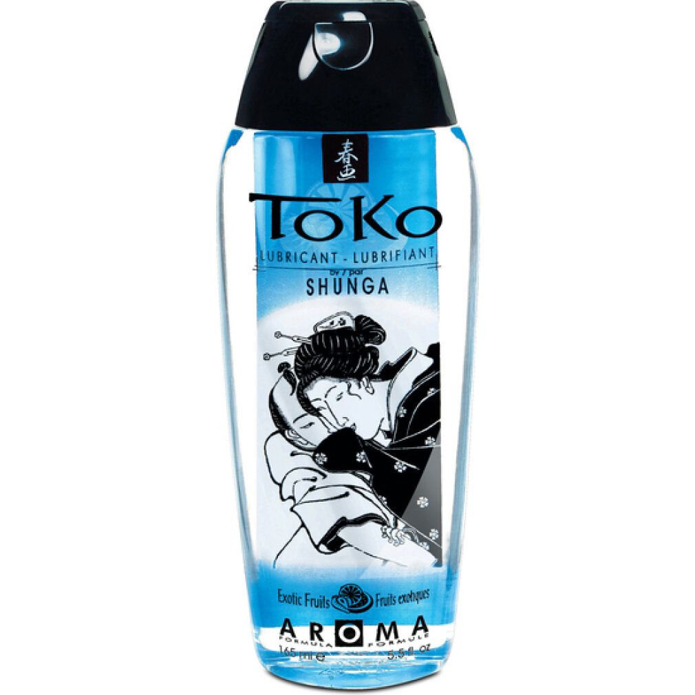 Flüssiges Gleitmittel in einer Flasche mit schwarzem Deckel. Aufschrift: Toko, Shunga, Aroma Exotic Fruits. Abbildung: Frau.