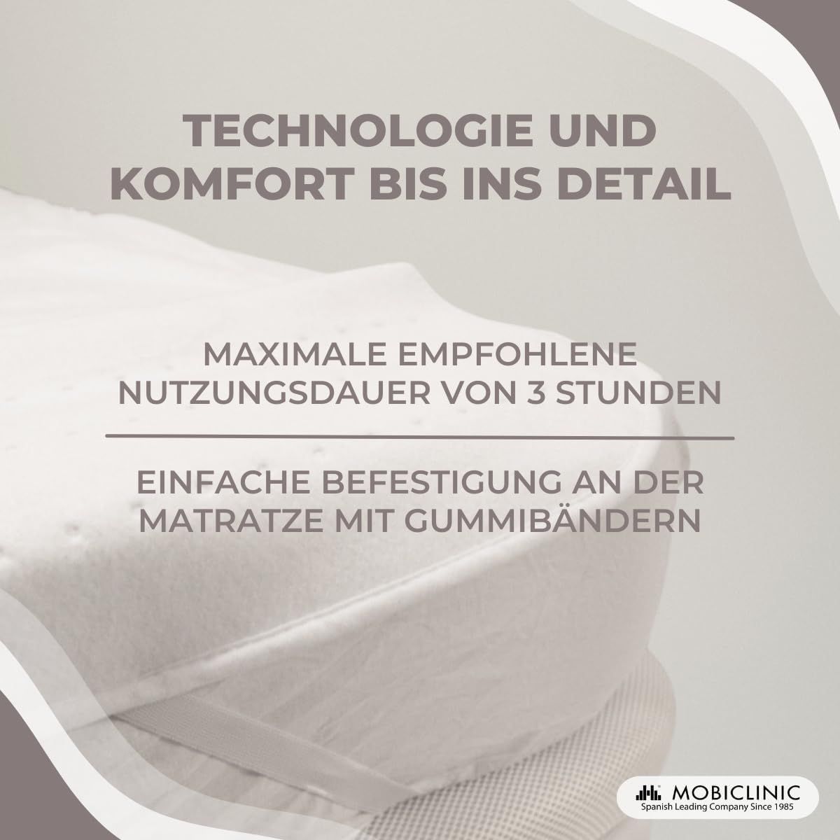 Nahaufnahme einer Matratze mit Gummibändern zur Befestigung einer Decke. Maximale Nutzungsdauer 3 Stunden.