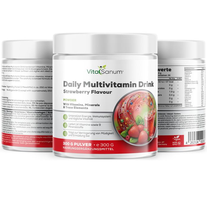 VitaSanum Daily Multivitamin Drink Erdbeergeschmack Pulver in Dose, umgeben von weiteren Dosen. Enthält Vitamine, Mineralien und Spurenelemente.