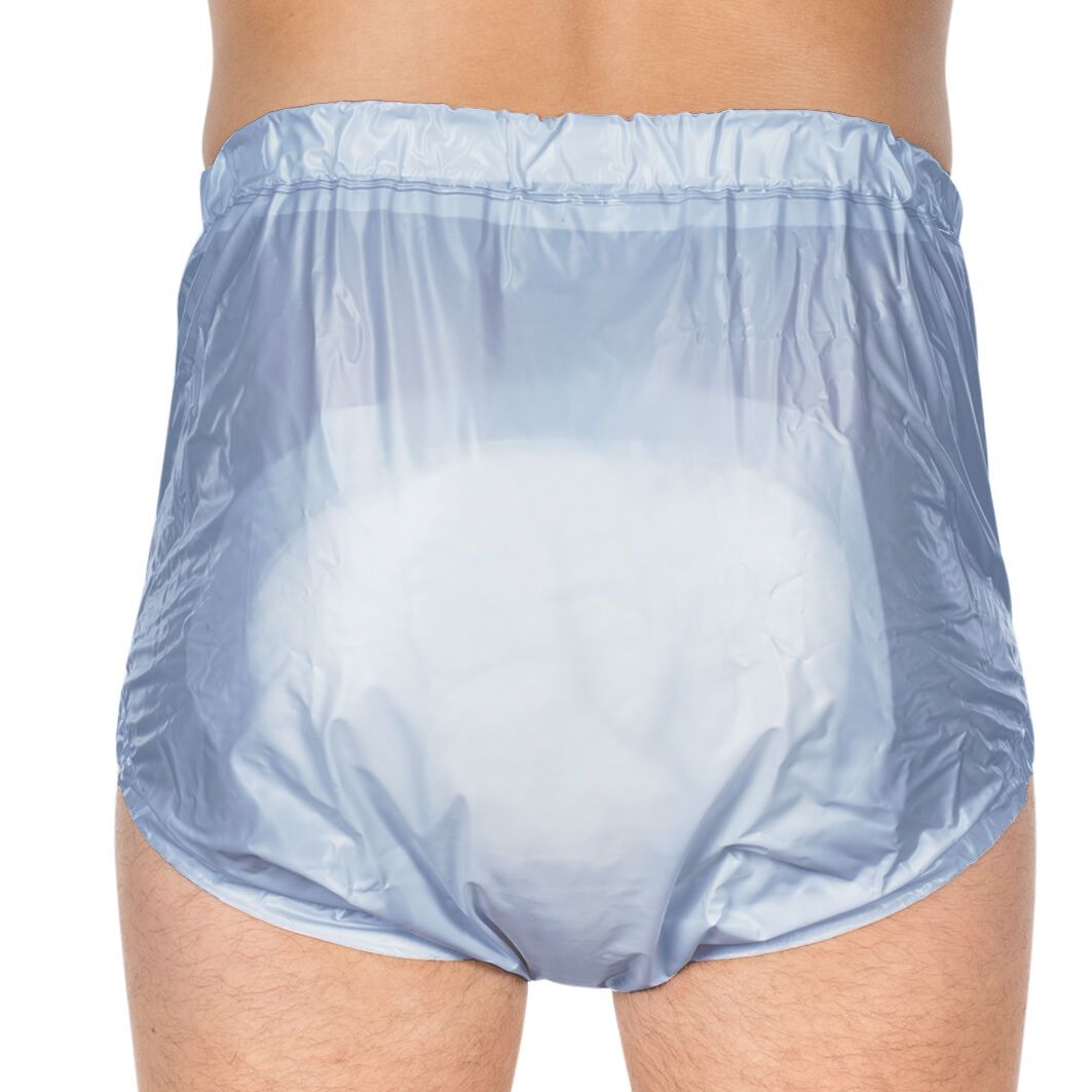 Hellblaue PVC-Slip mit verstellbarem Komfortbund. Rückansicht. Elastischer Bund, abgerundete Form.