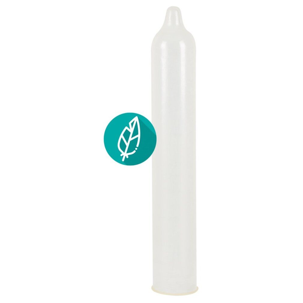 Durchsichtiges Kondom mit abgerundeter Spitze. Logo mit Blatt. Keine Verpackung.