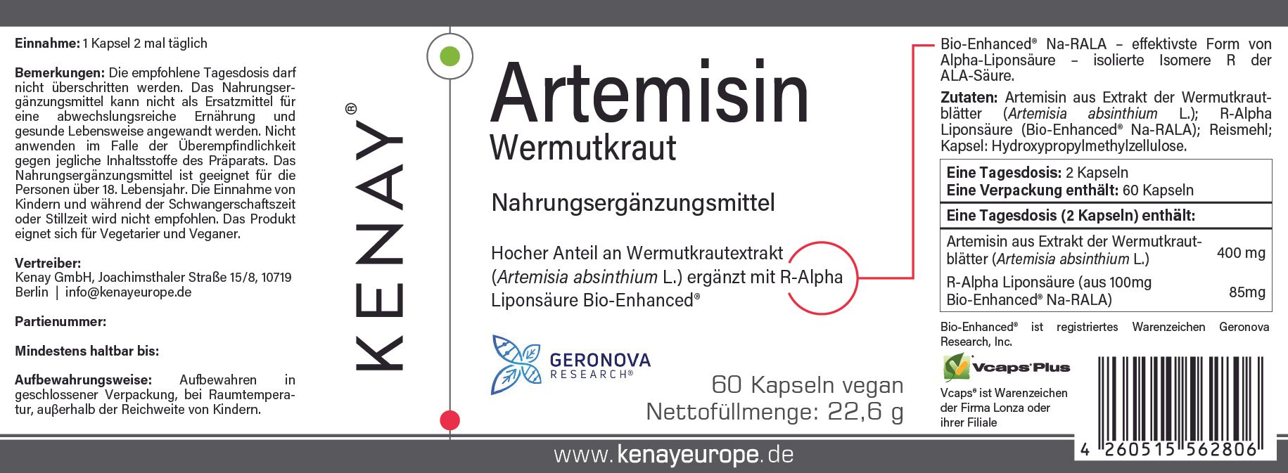 Etikett mit Produktinformationen. Aufschrift: Artemisin Wermutkraut, Nahrungsergänzungsmittel, 60 Kapseln vegan. Marke: KENAY®.