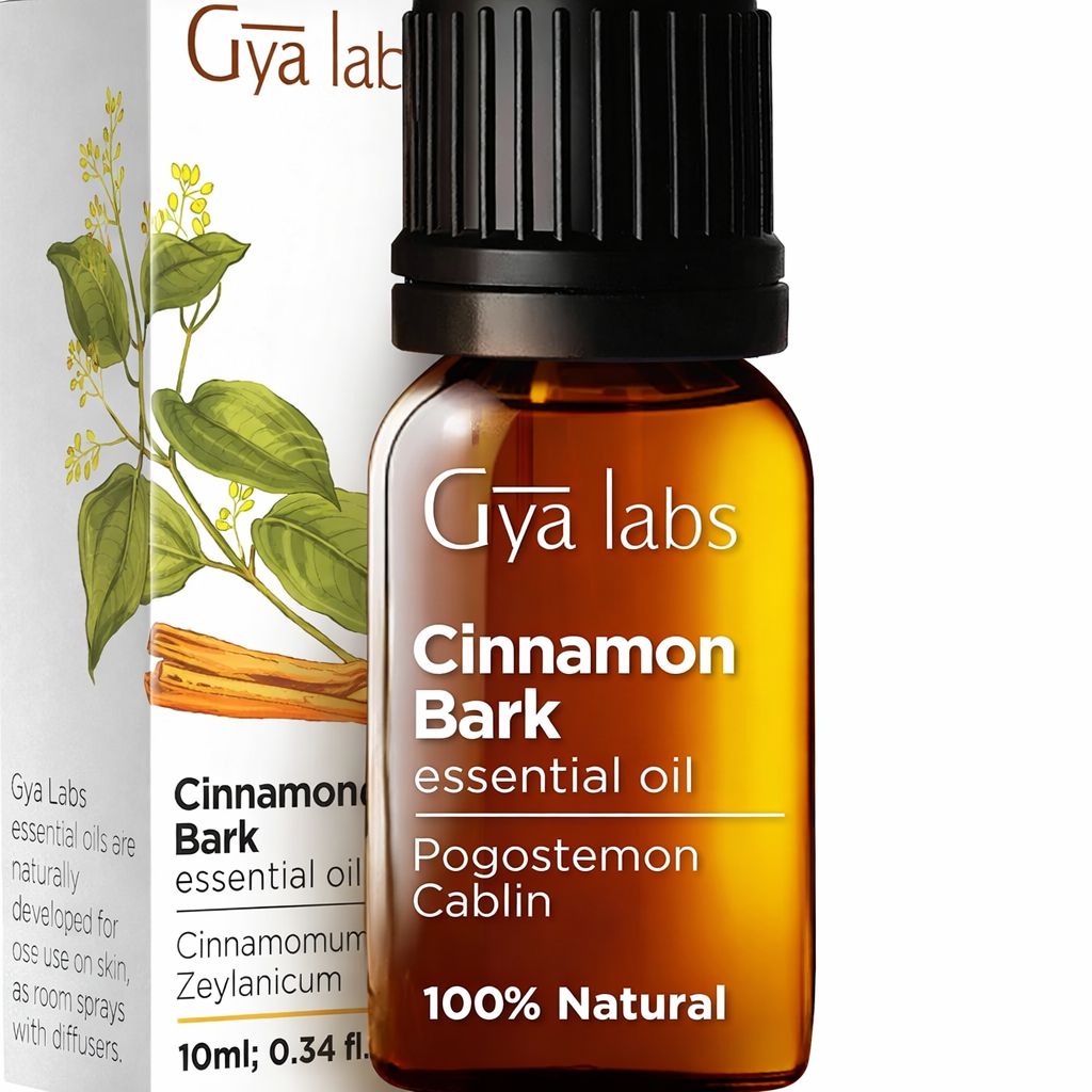 Gya Labs Zimtöl-Flasche und Verpackung. Text: Cinnamon Bark essential oil. 100% Natural. Flasche: 10ml.