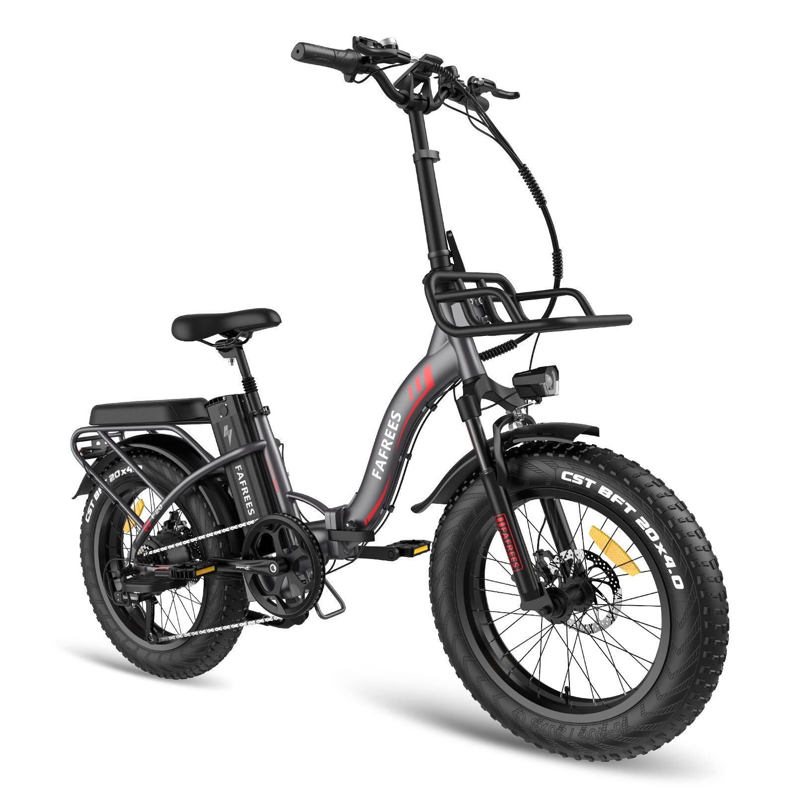 Faltbares E-Bike Fafrees F20 Max, grau mit roten Akzenten. Schwarze Reifen, Gepäckträger und Korb. Marke sichtbar.