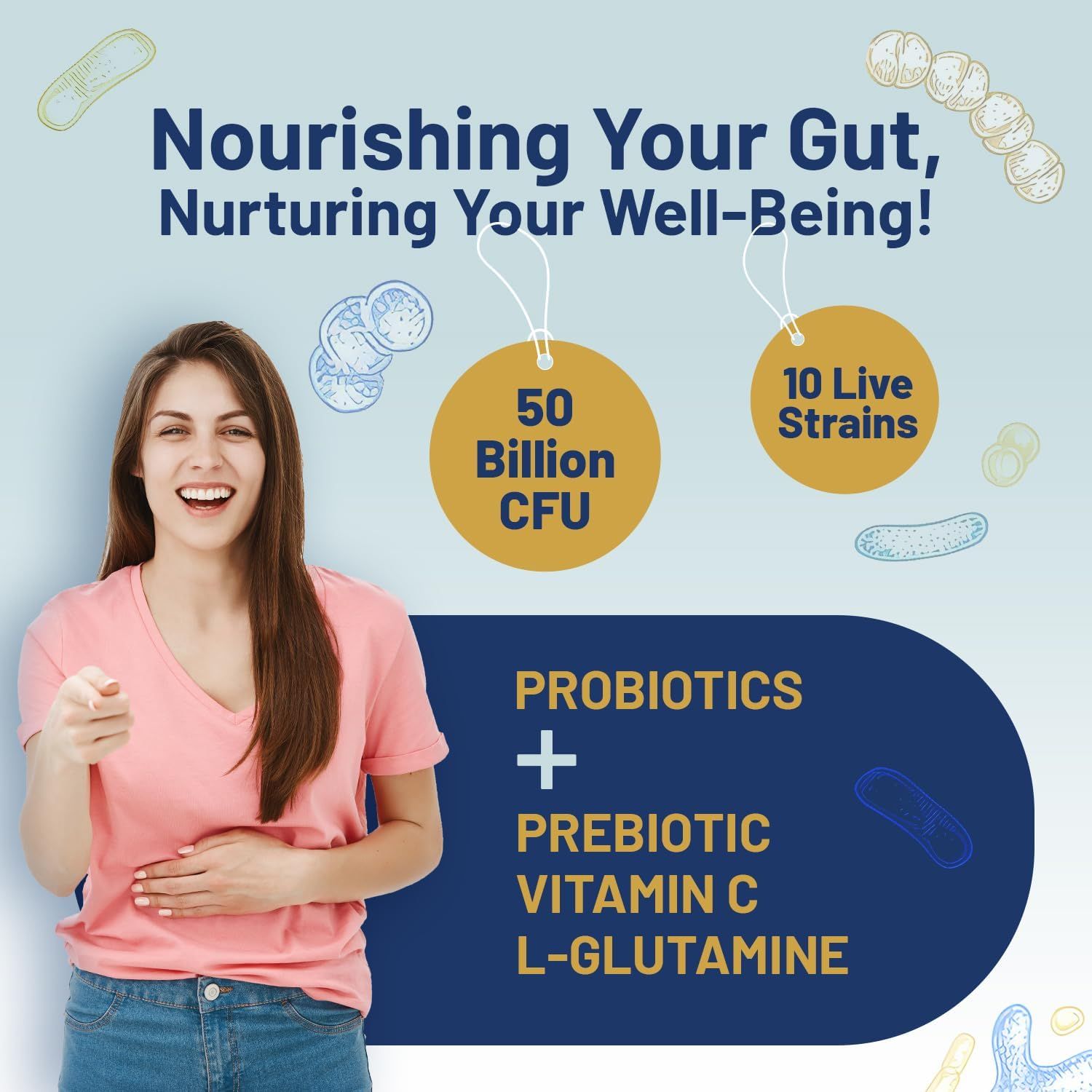 Frau lächelt und zeigt auf ihren Bauch. Text: Probiotika + Präbiotika + Vitamin C + L-Glutamin. 50 Milliarden KBE, 10 lebende Stämme.