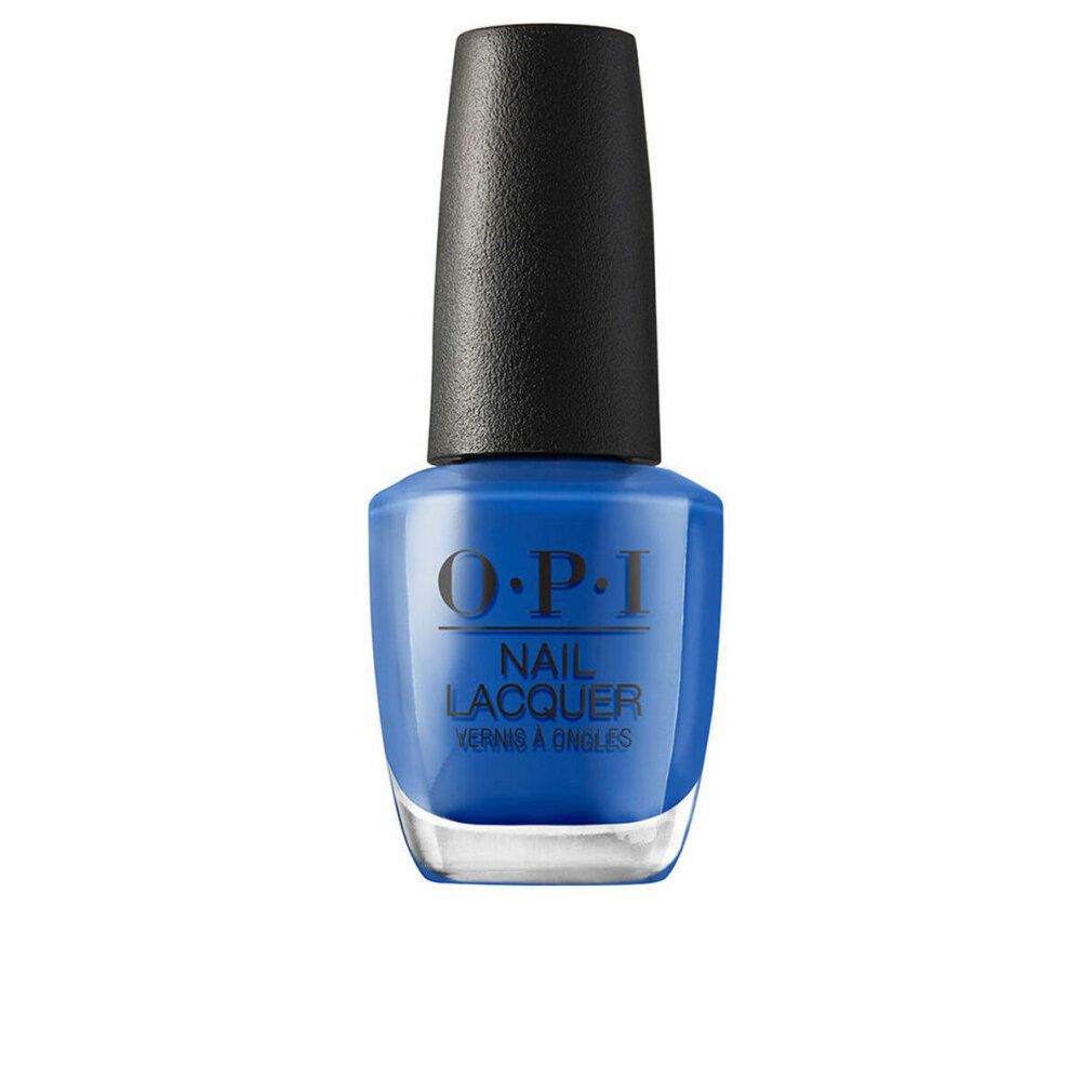 Blauer Nagellackflakon mit schwarzem Deckel. O.P.I. Nail Lacquer Schriftzug.
