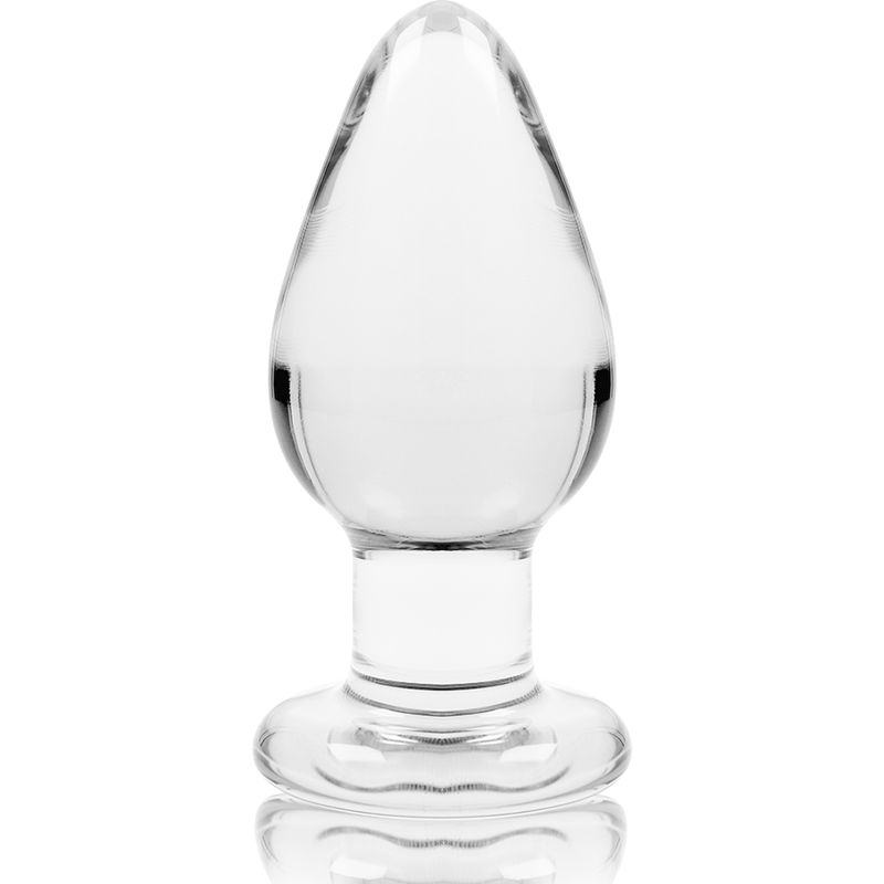 Klarer Glas-Analplug mit breiter Basis, spitz zulaufend. Vorderansicht.