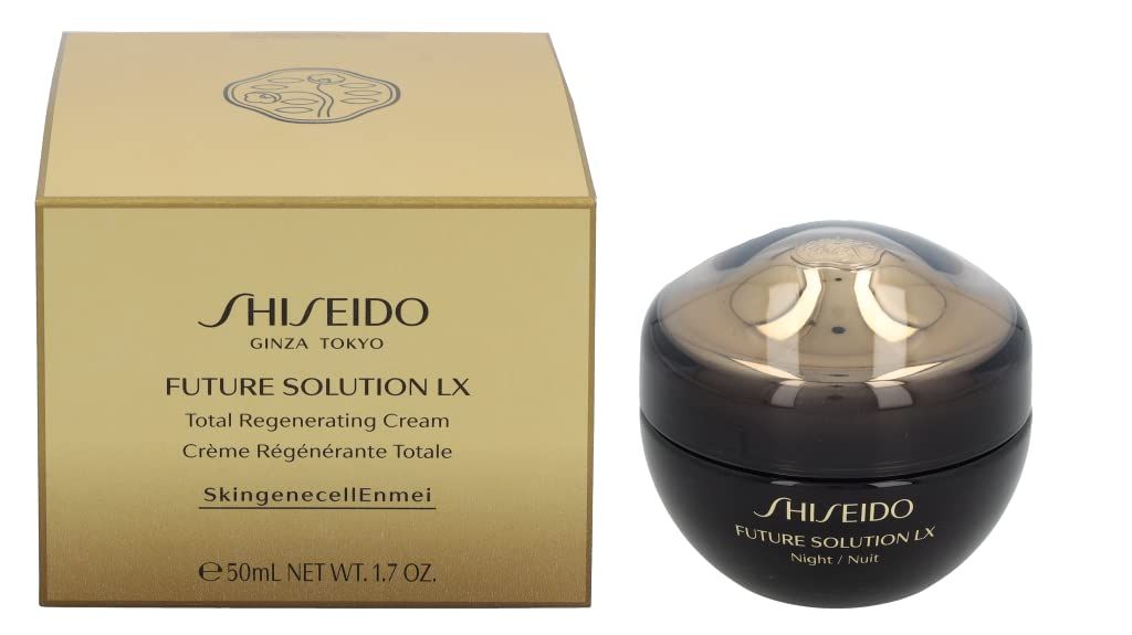 Goldfarbener Karton und dunkle Creme-Dose. Aufschrift: SHISEIDO, FUTURE SOLUTION LX, Total Regenerating Cream.