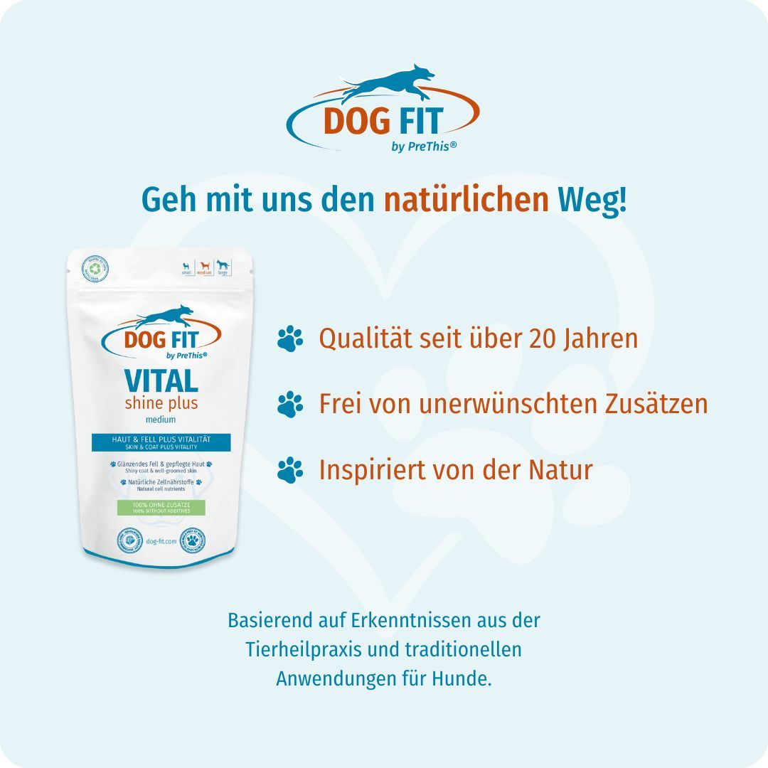 Produktverpackung DOG FIT VITAL shine plus. Text: Qualität seit über 20 Jahren, frei von Zusätzen, inspiriert von Natur.