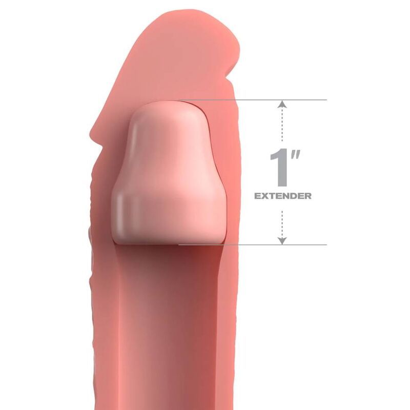 Nahaufnahme eines Fleshlight-Extenders. Zeigt eine 1" Verlängerung. Rosa Material.