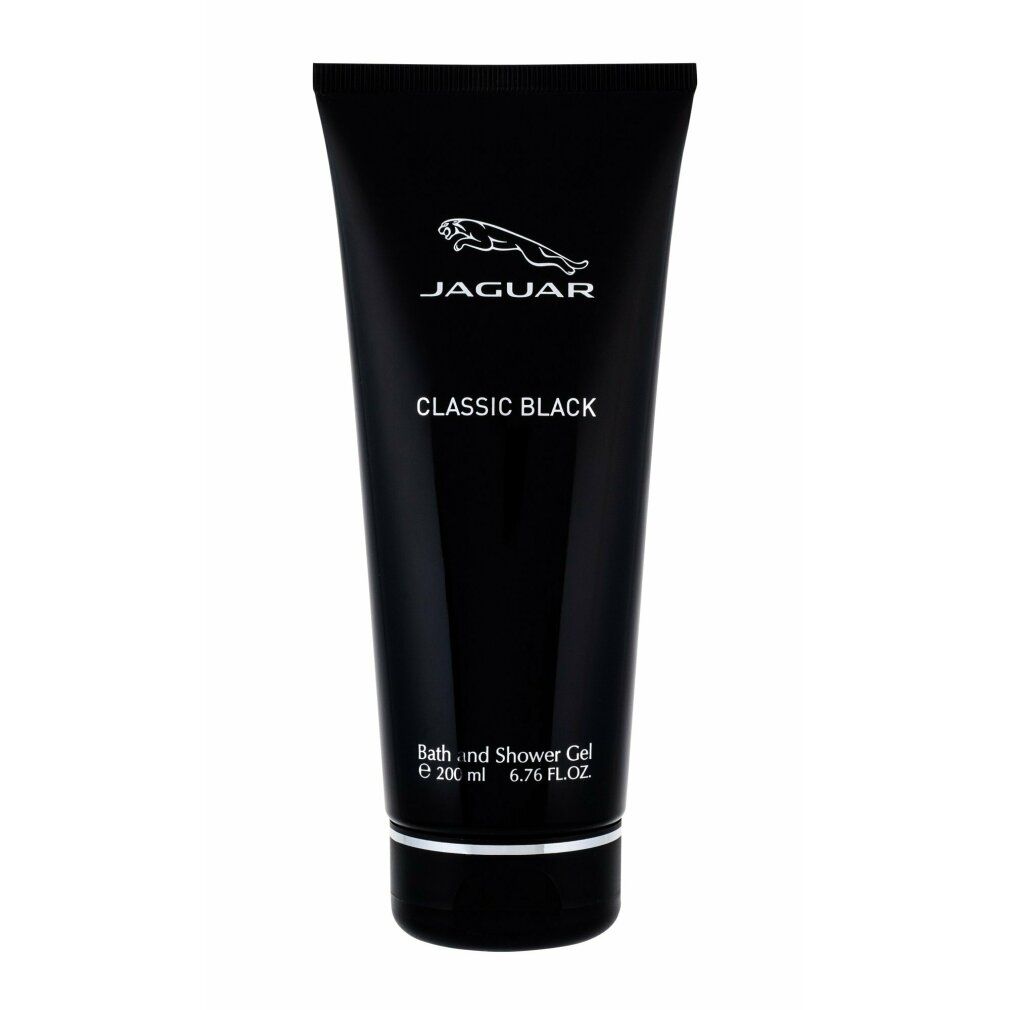 Schwarze Tube mit Jaguar-Logo und Schriftzug CLASSIC BLACK. Produktbezeichnung: Bath and Shower Gel.