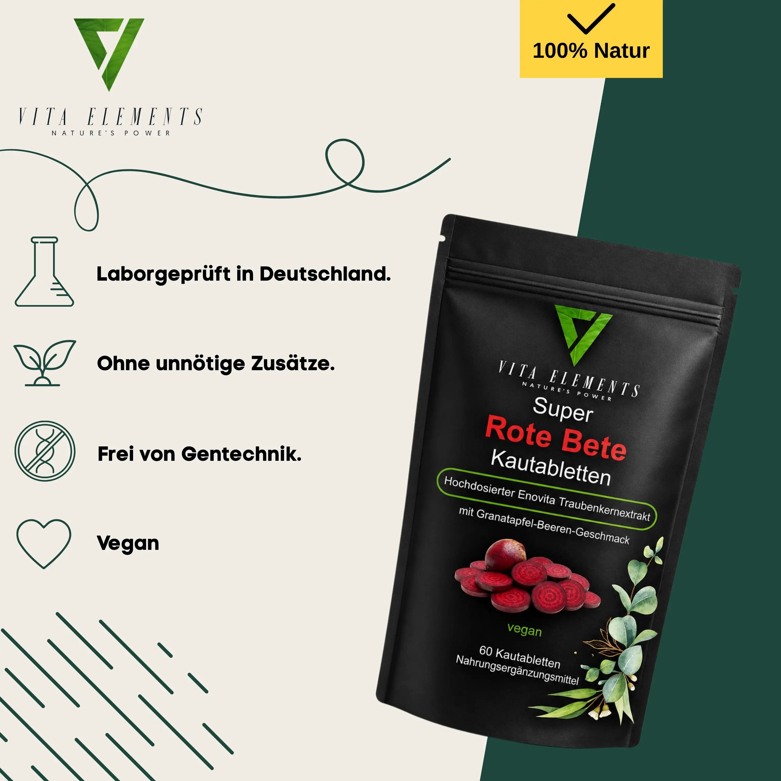 Vita Elements Rote Bete Kautabletten: Laborgeprüft, ohne Zusatzstoffe, gentechnikfrei, vegan. Schwarzer Beutel.