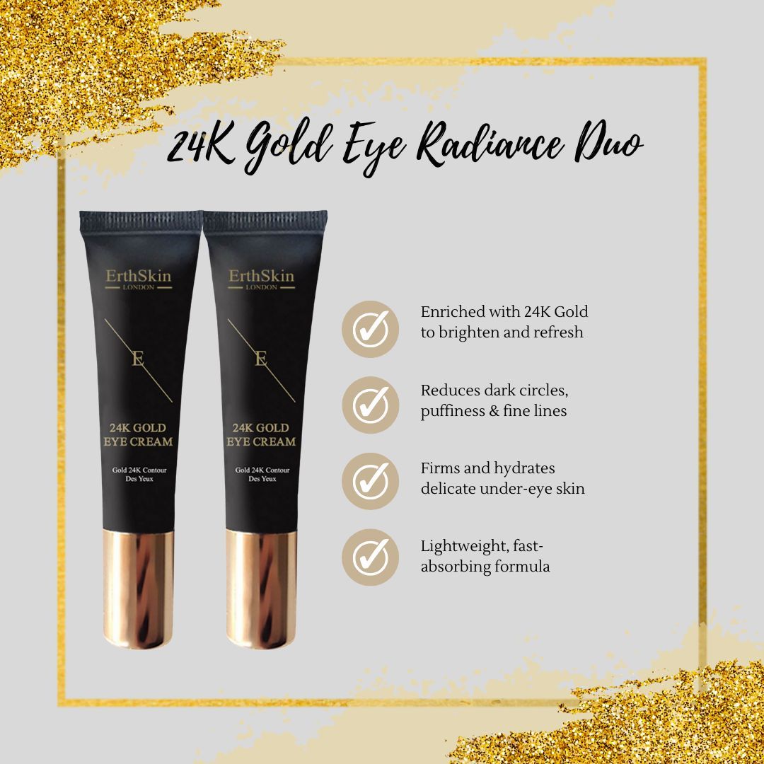 Zwei Tuben Augencreme mit Text. Schwarze Tuben mit goldfarbenen Akzenten. Aufschrift: ErthSkin London, 24K Gold Eye Cream. Text über Vorteile.