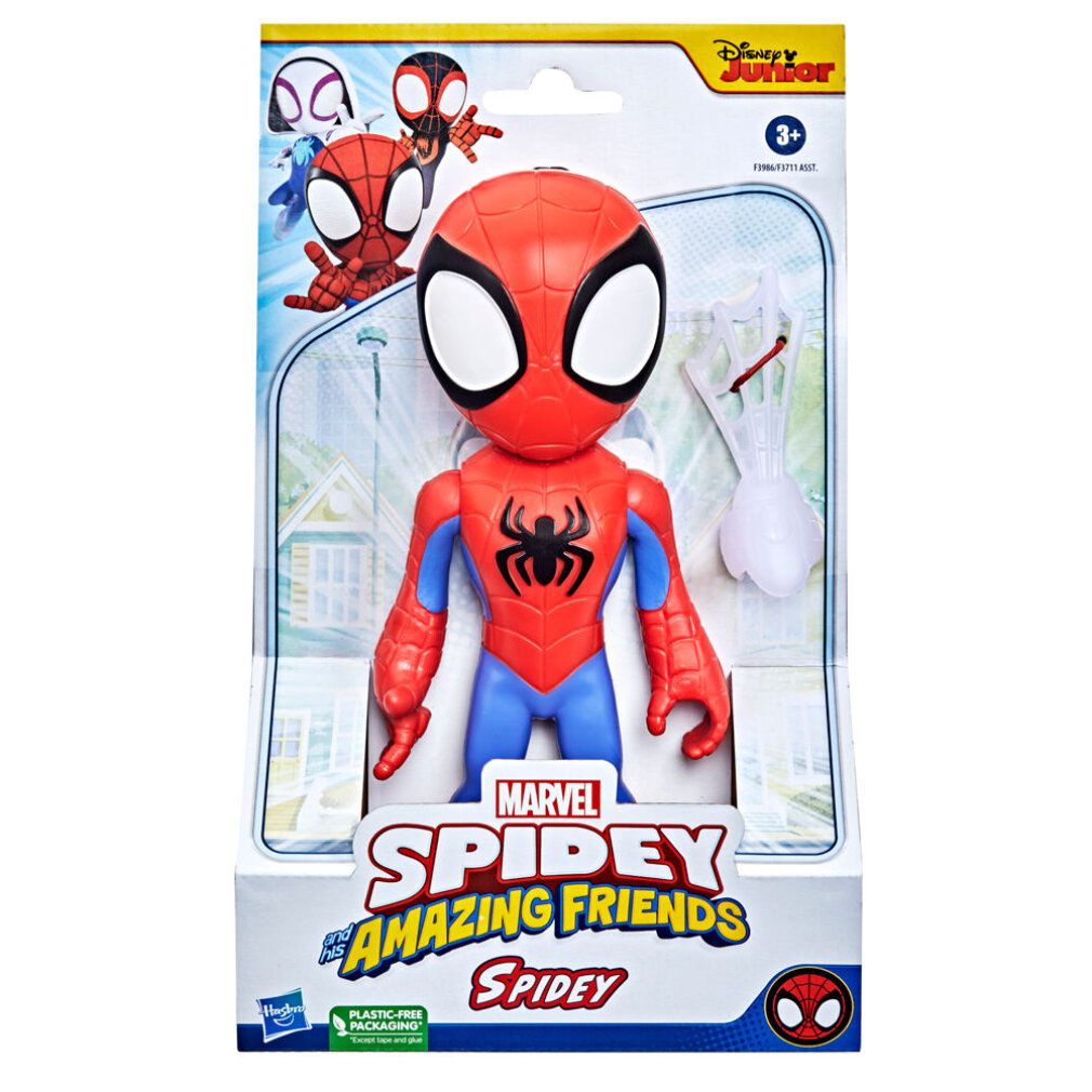 Spidey-Figur in Verpackung. Rot, blau und schwarz. Mit Zubehör. Marvel Spidey and His Amazing Friends.