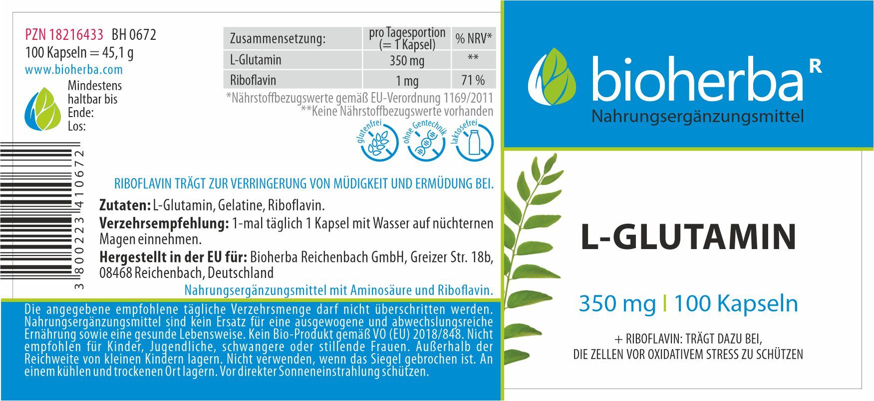 Etikett mit Informationen zu L-Glutamin Kapseln. Enthält Angaben zu Inhaltsstoffen, Dosierung und Hersteller. Marke: Bioherba.