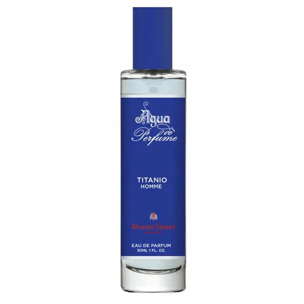 Parfümflasche mit blauem Etikett. Aufschrift: Agua Perfume, Titanio Homme, Alvarez Gómez. Eau de Parfum.