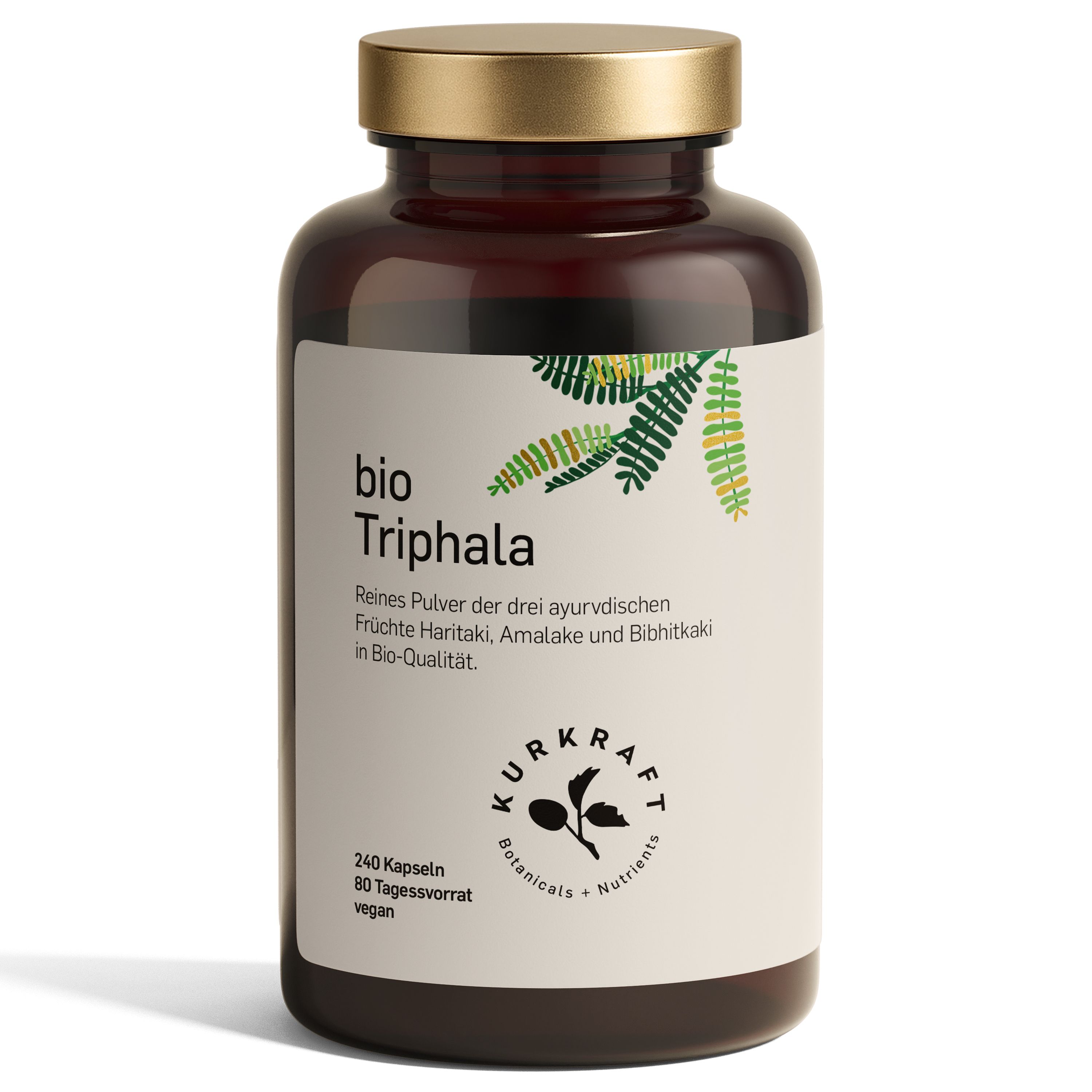 Braune Glasflasche mit goldfarbenem Deckel. Etikett mit "bio Triphala" und Produktinformationen. 240 Kapseln, vegan.