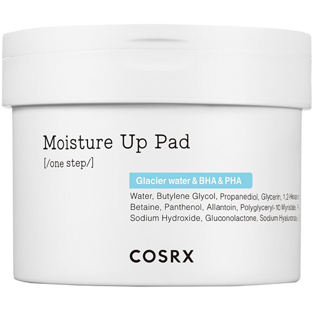 COSRX Moisture Up Pad: Weißer Behälter mit Produktinformationen, darunter "Glacier water & BHA & PHA".