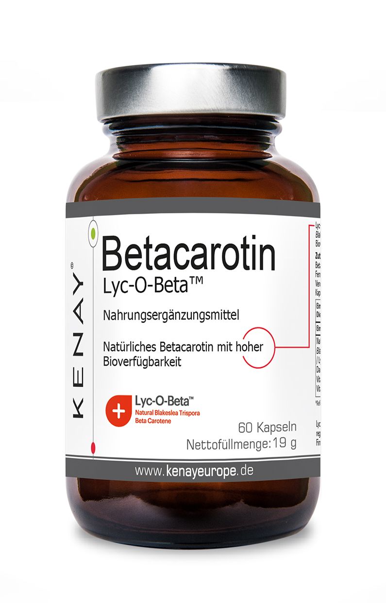 Braune Glasflasche mit weißem Etikett. Beschriftung: Betacarotin Lyc-O-Beta™, Nahrungsergänzungsmittel, KENAY®. 60 Kapseln.