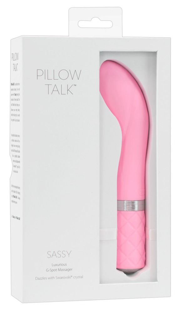 Verpackung mit rosa Vibrator. Produktname: Pillow Talk. Text: Sassy, G-Spot Massager.