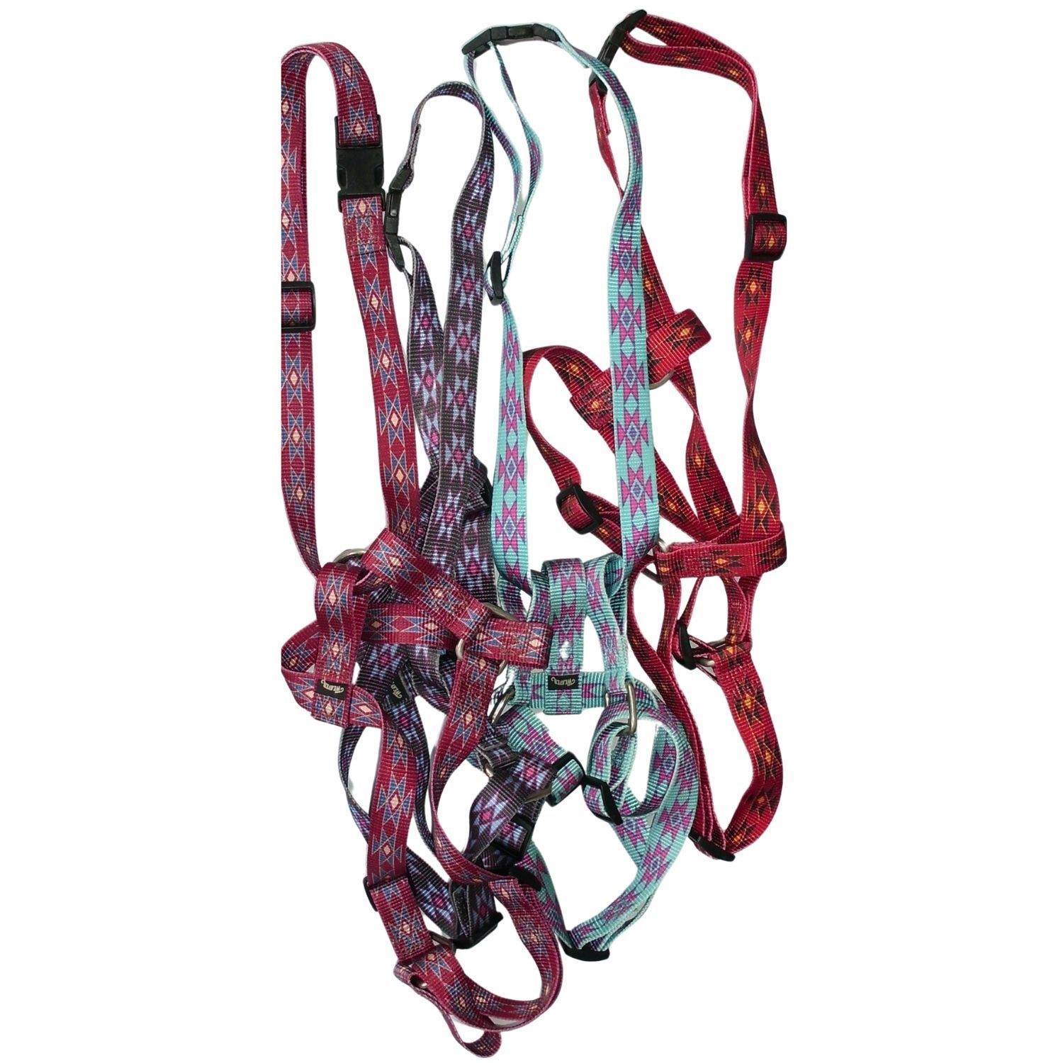 Mehrere Hundegeschirre, verschiedene Farben und Muster. 2,5 cm breit.