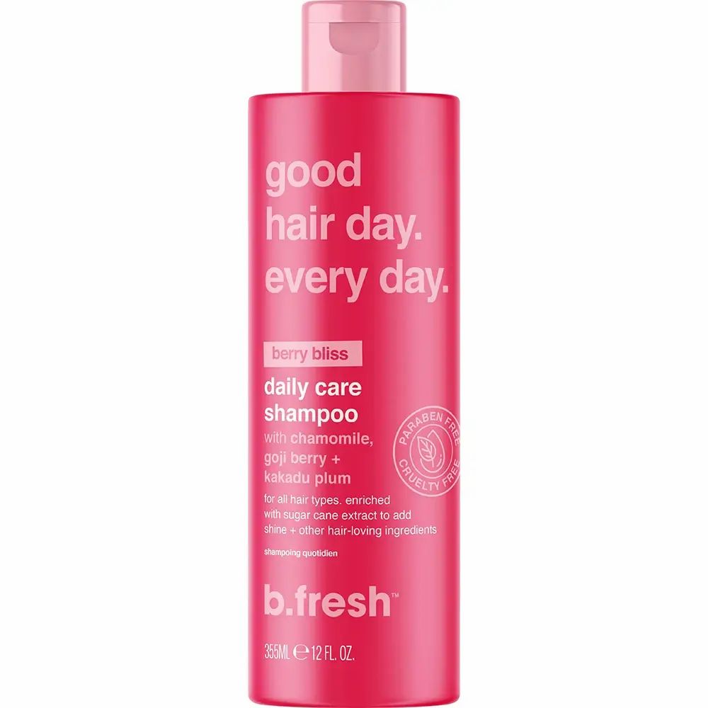 Rote Shampoo-Flasche. Aufschrift: good hair day. every day. Mit Cruelty Free-Siegel. 355ml.