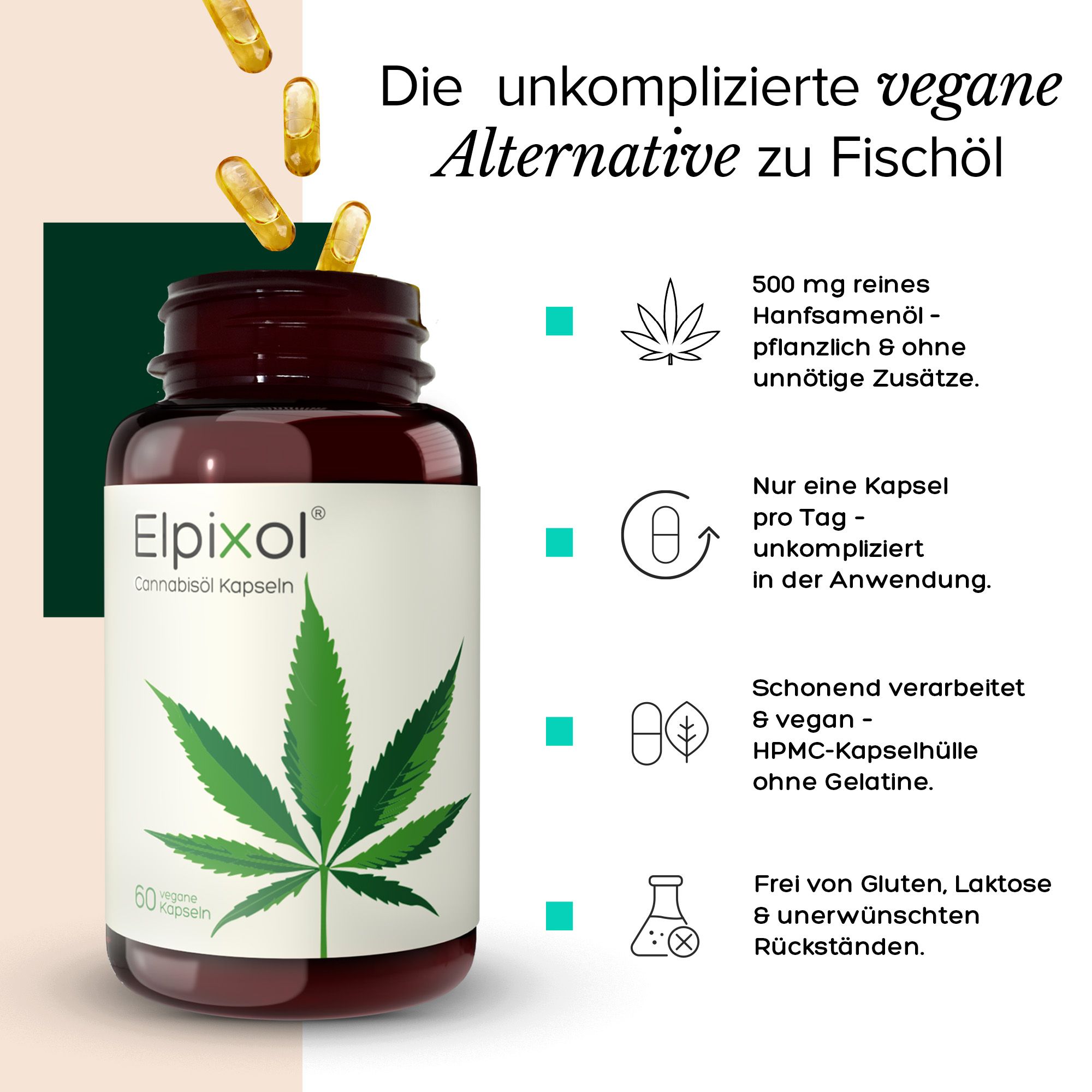 Braune Flasche mit schwarzem Deckel. Etikett mit Hanfblatt und Text. Kapseln fliegen aus der Flasche. Text über vegane Alternative.