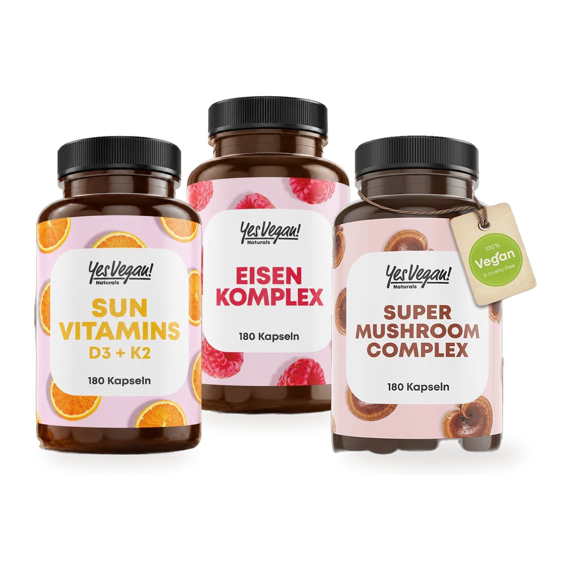 Drei Flaschen Nahrungsergänzungsmittel: Eisen Komplex, Sun Vitamins und Super Mushroom Komplex.