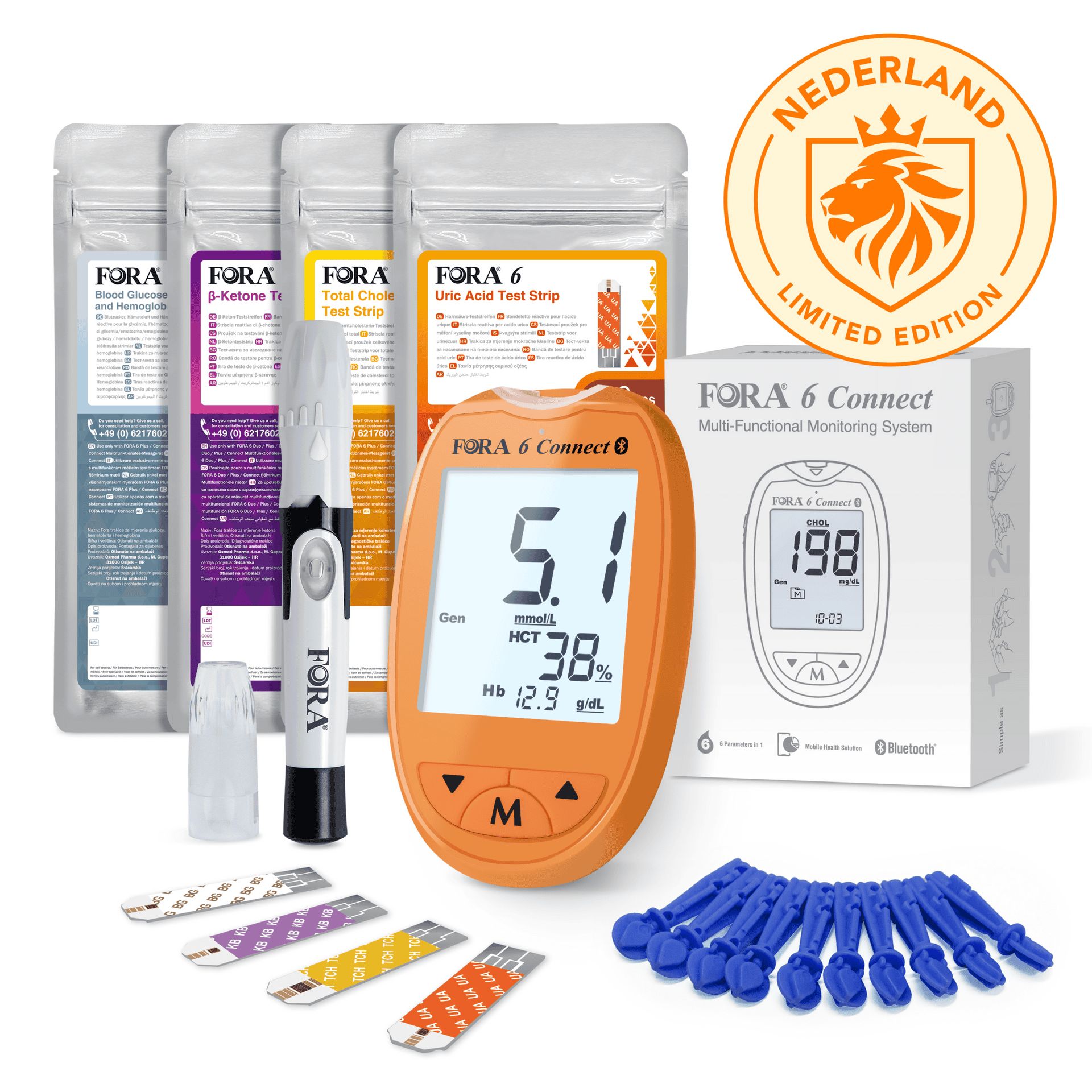 FORA 6 Connect 6-in-1 Starter-Kit - Special Edition - für Zuhause - Bluetooth-Sync - Orange - mmol/l