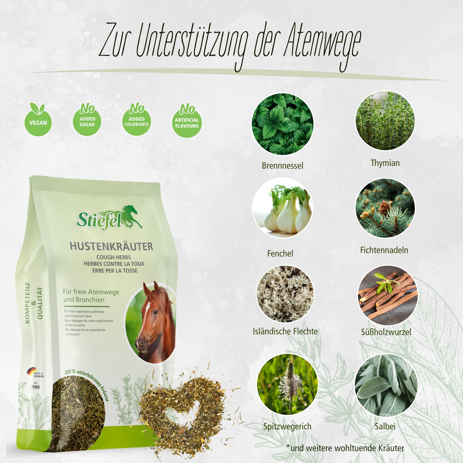 Stiefel Hustenkräuter-Beutel mit Kräutern, Herzform. Zutaten: Brennnessel, Thymian, Fenchel, Fichtennadeln, Isländische Flechte, Süßholzwurzel, Spitzwegerich, Salbei.