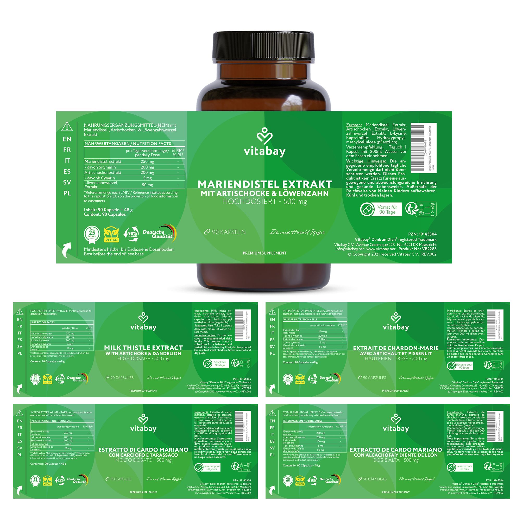 Eine Flasche mit Kapseln und mehrere Etiketten mit Produktinformationen in verschiedenen Sprachen.