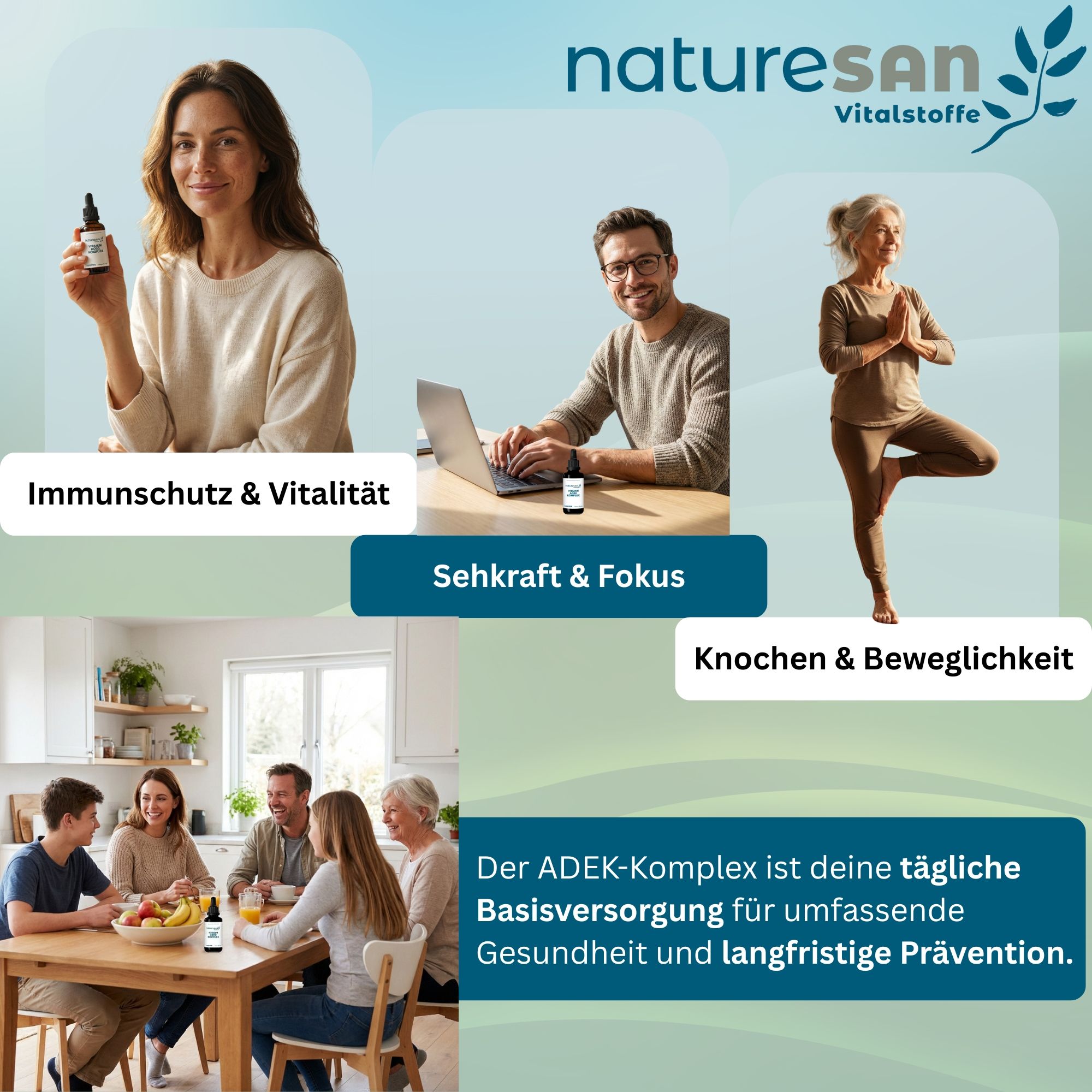 Werbebild mit Menschen in verschiedenen Situationen. Produktflasche sichtbar. Text über Gesundheit.