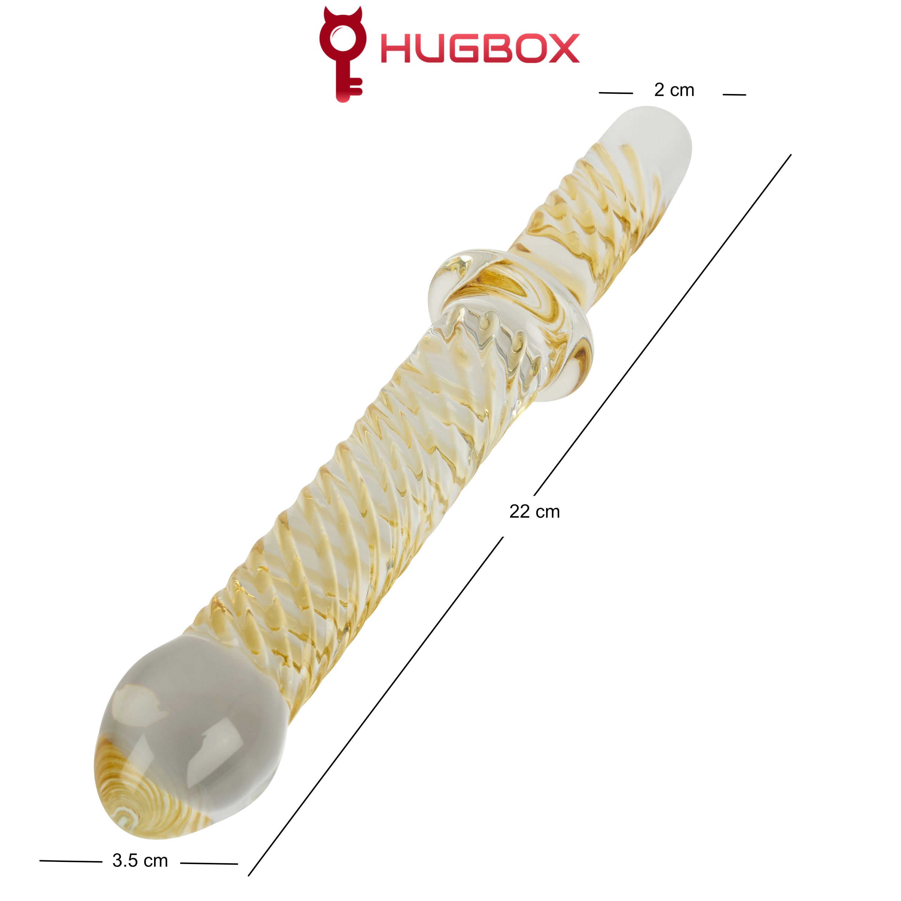 Glas-Stimulator mit geriffelter Oberfläche. Gelb-weißes Design. Abmessungen: 22 cm lang, 3,5 cm breit, 2 cm Durchmesser. HUGBOX Logo.