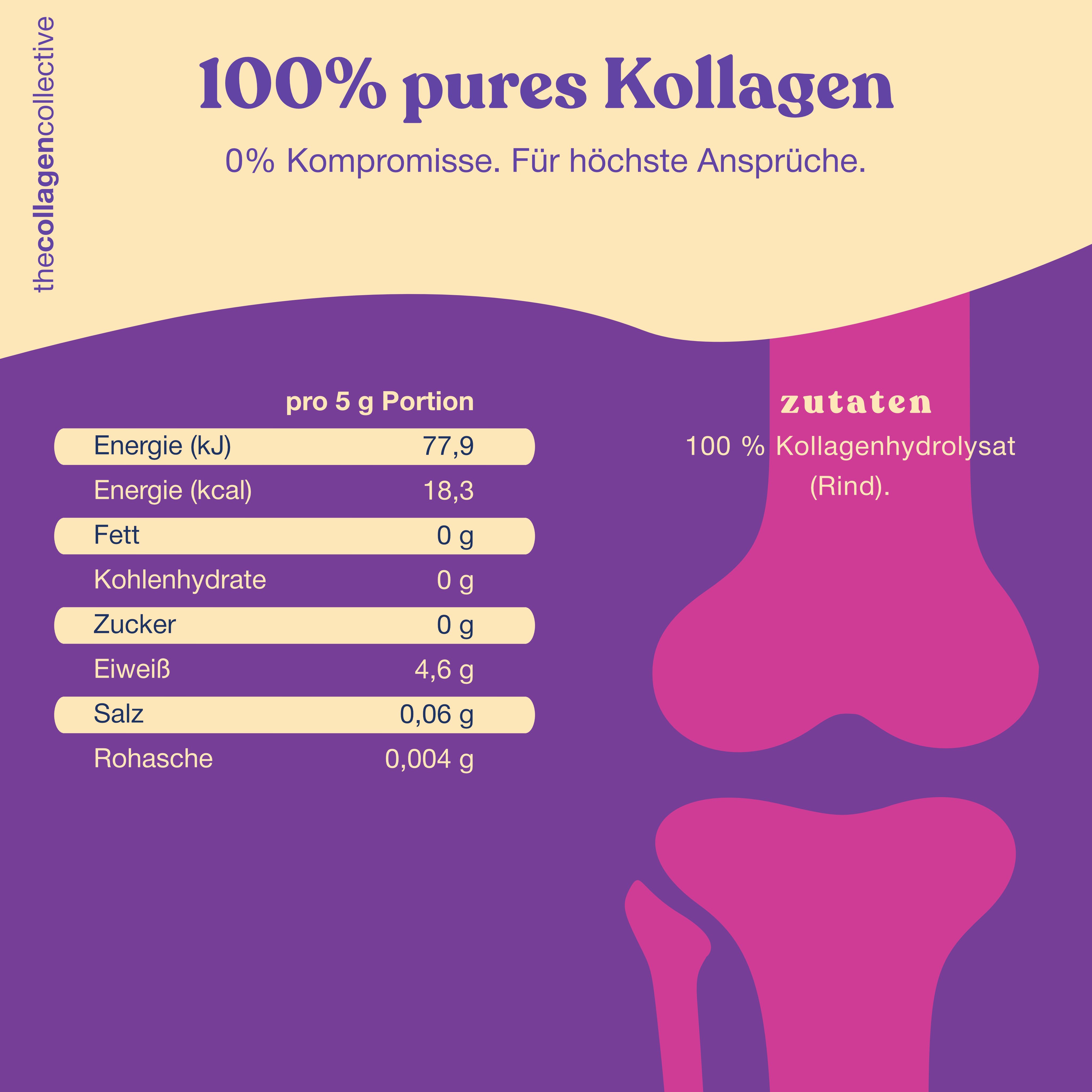 Nährwerttabelle und Zutatenliste. 100% Kollagenhydrolysat (Rind). Knochen-Illustration.