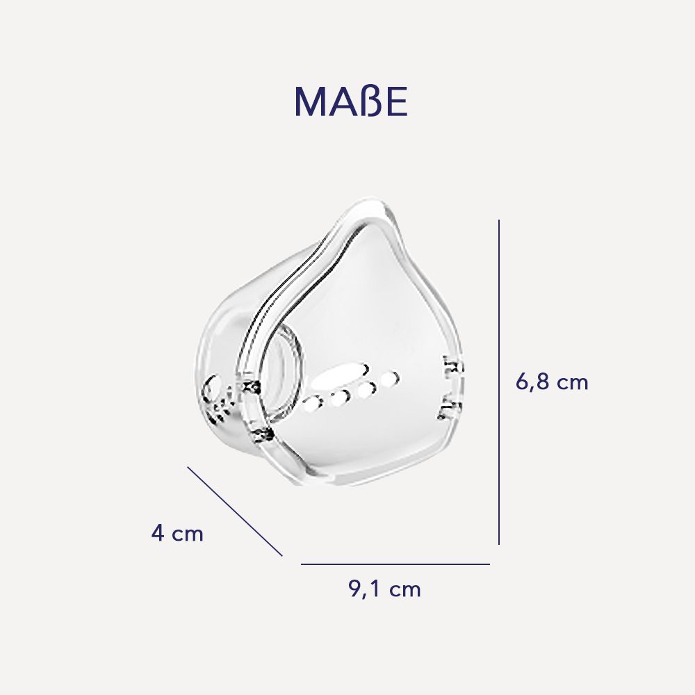 Kindermaske mit Maßen: 9,1 cm x 6,8 cm x 4 cm. Transparentes Material, ovale Form.