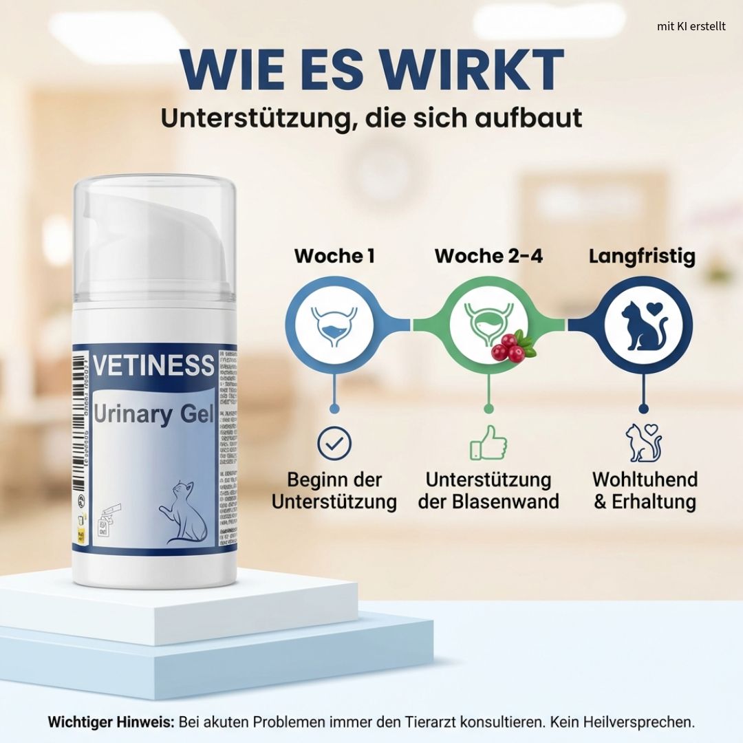 Weißer Pump-Spender "VETINESS Urinary Gel". Grafische Darstellung der Wirkung in drei Phasen: Beginn, Unterstützung, Erhaltung.