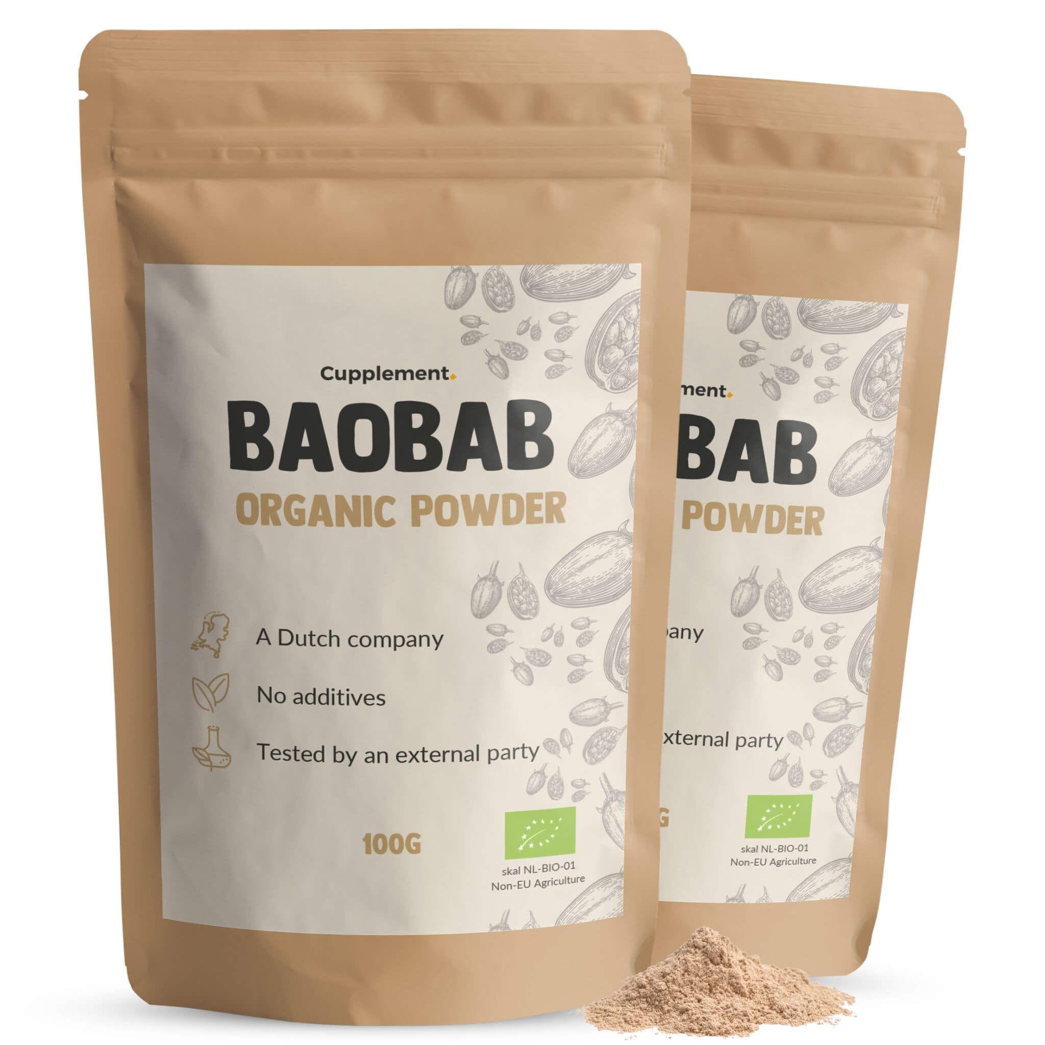 Zwei Beutel Cupplement® Baobab Pulver. Aufschrift: Baobab Organic Powder, 100g. Braune Papierverpackung.