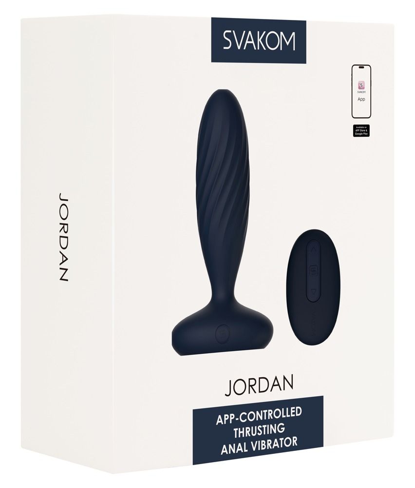 Verpackung des SVAKOM Jordan Analvibrators mit Produktabbildung und App-Steuerungs-Symbol.
