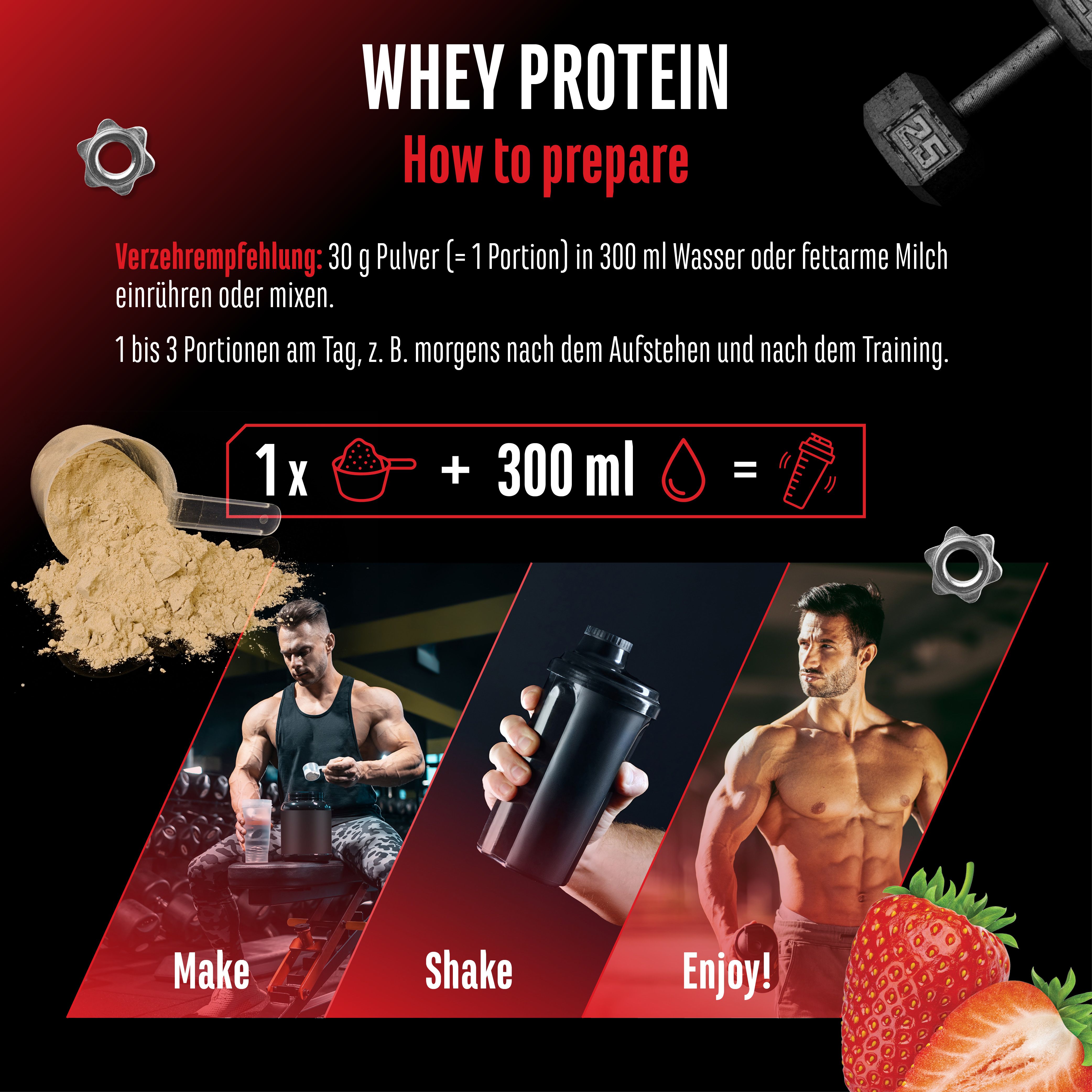 Anleitung zur Zubereitung von Whey Protein. Zeigt Schritte: Mischen, Schütteln, Genießen. Mit Bildern und Mengenangaben.