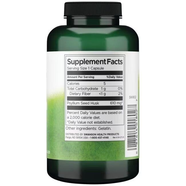 Rückseite der grünen Flasche. Aufschrift: Supplement Facts. Enthält Nährwertangaben und Zutaten: Gelatine.