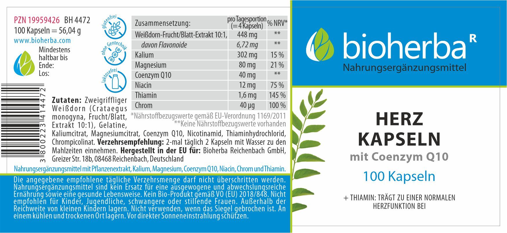 Etikett von Bioherba Herz Kapseln. Enthält Informationen zu Inhaltsstoffen, Nährwerten und Hersteller. 100 Kapseln.