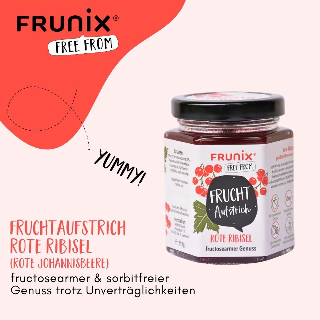 Glas mit rotem Fruchtaufstrich, schwarzem Deckel und Etikett. Text: FRUNIX® Fruchtaufstrich Rote Johannisbeere.
